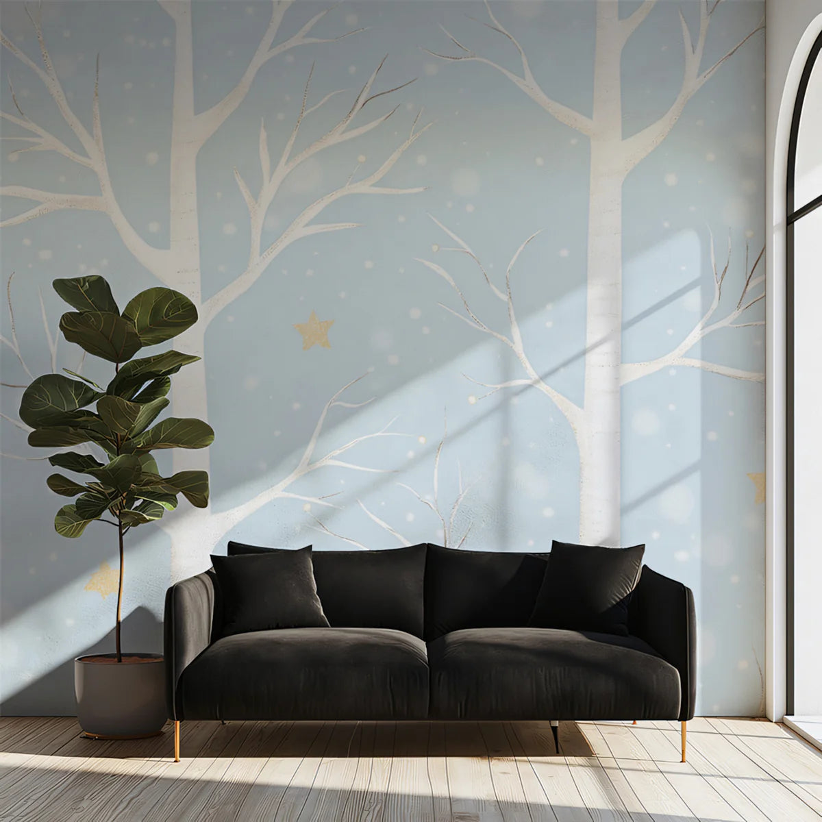 Starry Winter Forest Mural Wallpaper — Whimsical Sky Blue Mural Wallpaper - pure wallpaper artwork
