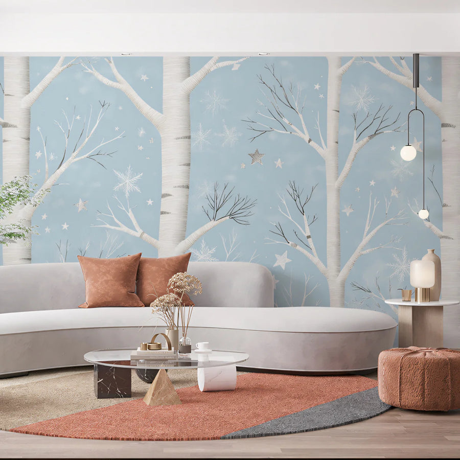 Winter Birch Forest Mural Wallpaper — Whimsical Sky Blue Mural Wallpaper