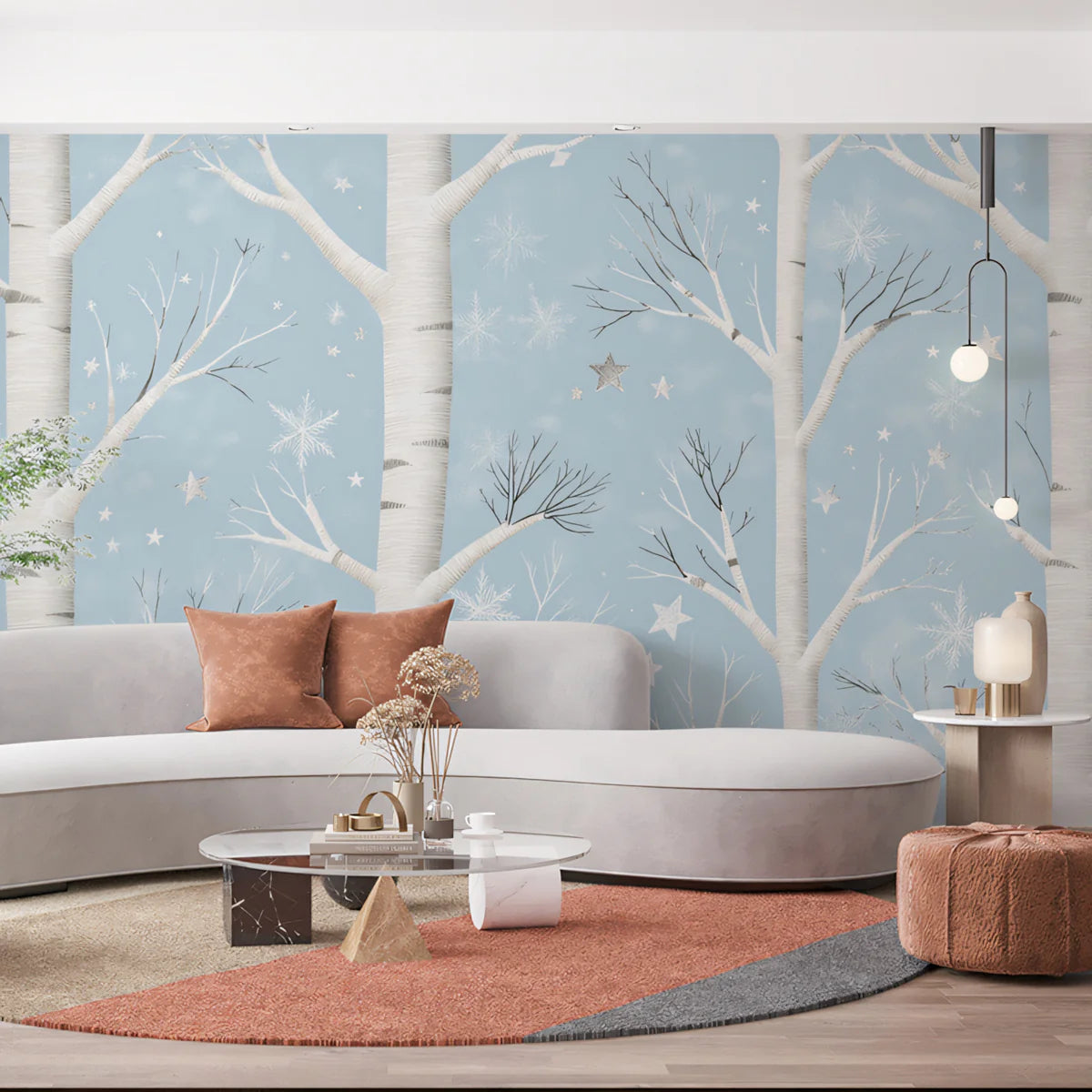 Winter Birch Forest Mural Wallpaper — Whimsical Sky Blue Mural Wallpaper - pure wallpaper artwork