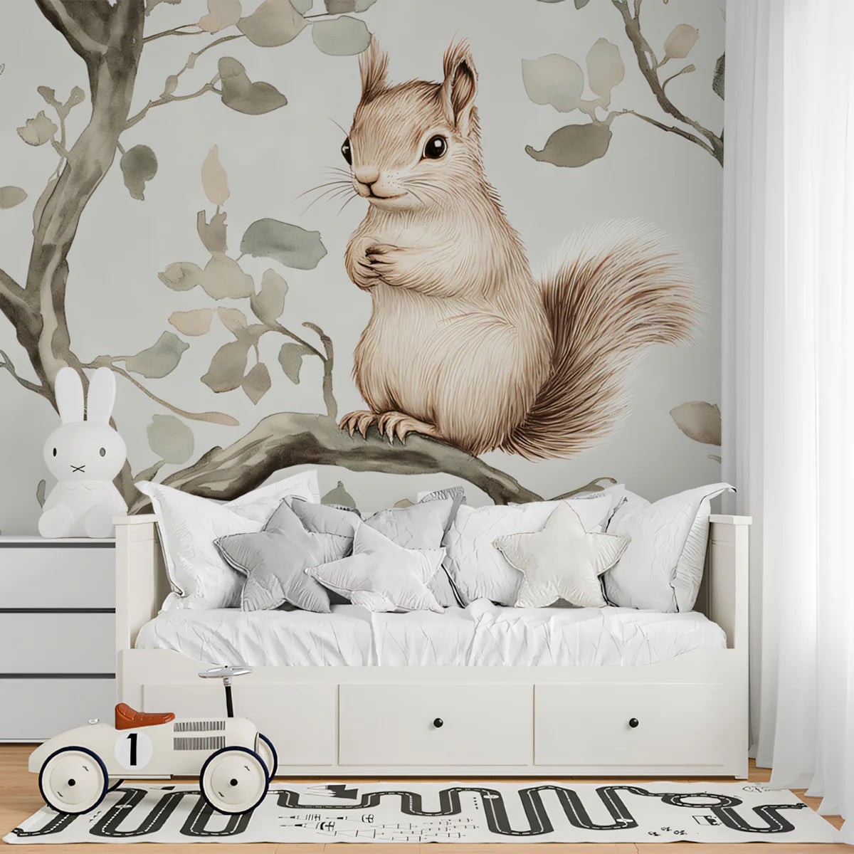 Squirrel and Branch Mural Wallpaper — Soft Woodland Pattern Mural Wallpaper - pure wallpaper artwork