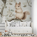 Squirrel and Branch Mural Wallpaper — Soft Woodland Pattern Mural Wallpaper - pure wallpaper artwork