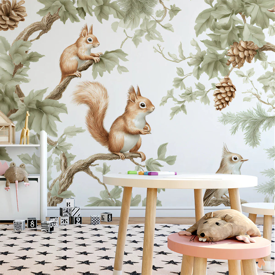 Woodland Critters Mural Wallpaper — Whimsical Forest Scene Mural Wallpaper