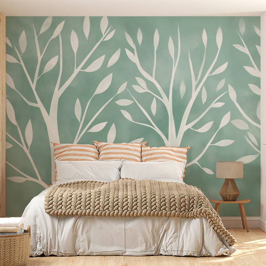 Minimalist Tree Silhouette Mural Wallpaper in Soft Aqua Mural Wallpaper