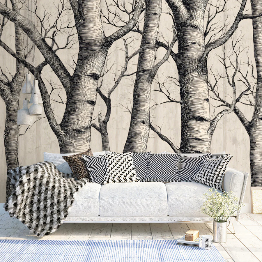 Minimalist Birch Forest Mural Wallpaper — Detailed Sketch Art Mural Wallpaper