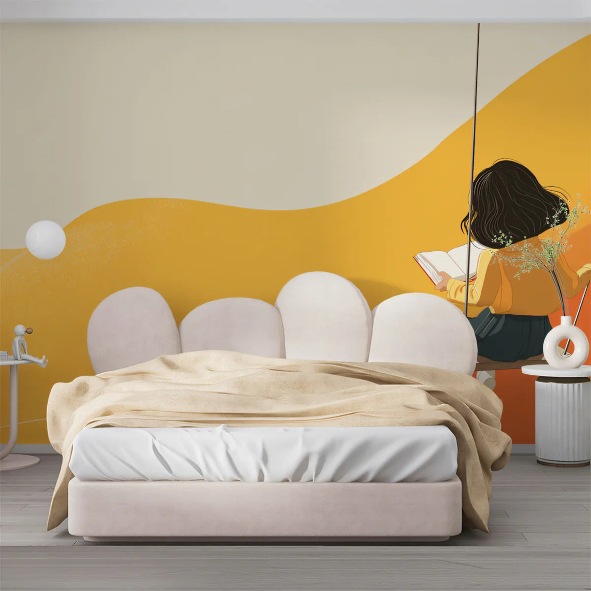 Girl Reading on a Swing Mural Wallpaper — Warm Minimalist Abstract Mural Wallpaper - pure wallpaper artwork