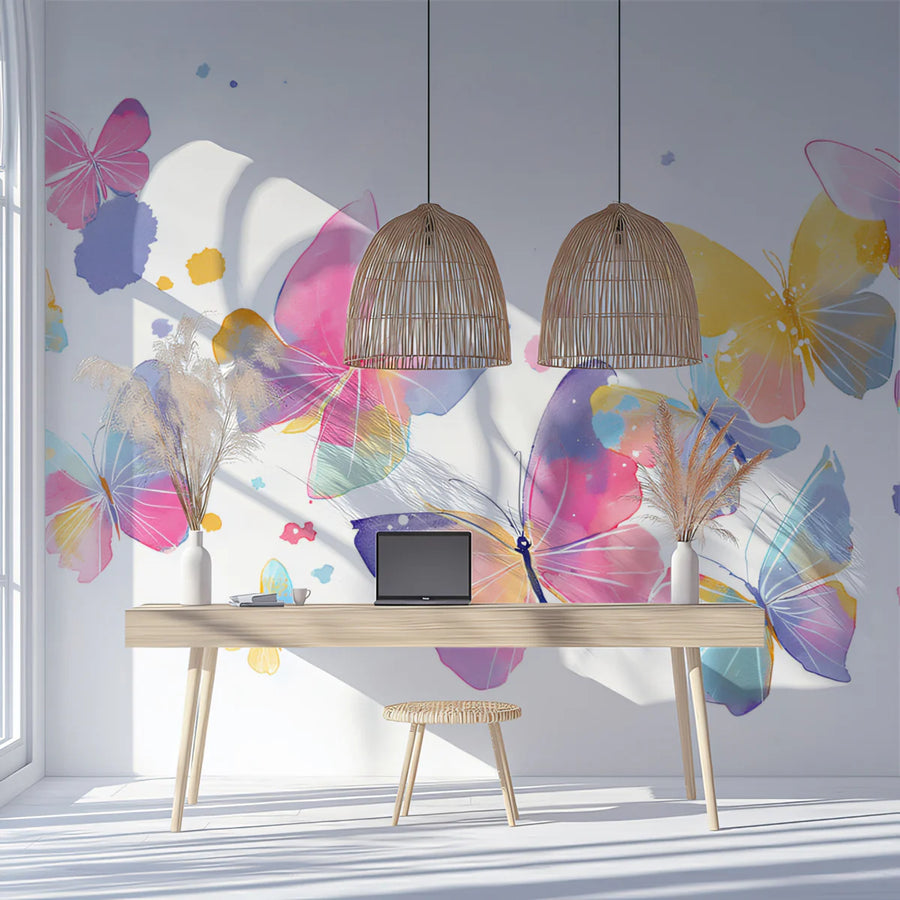 Butterfly Swarm Mural Wallpaper — Whimsical Watercolor Art Mural Wallpaper