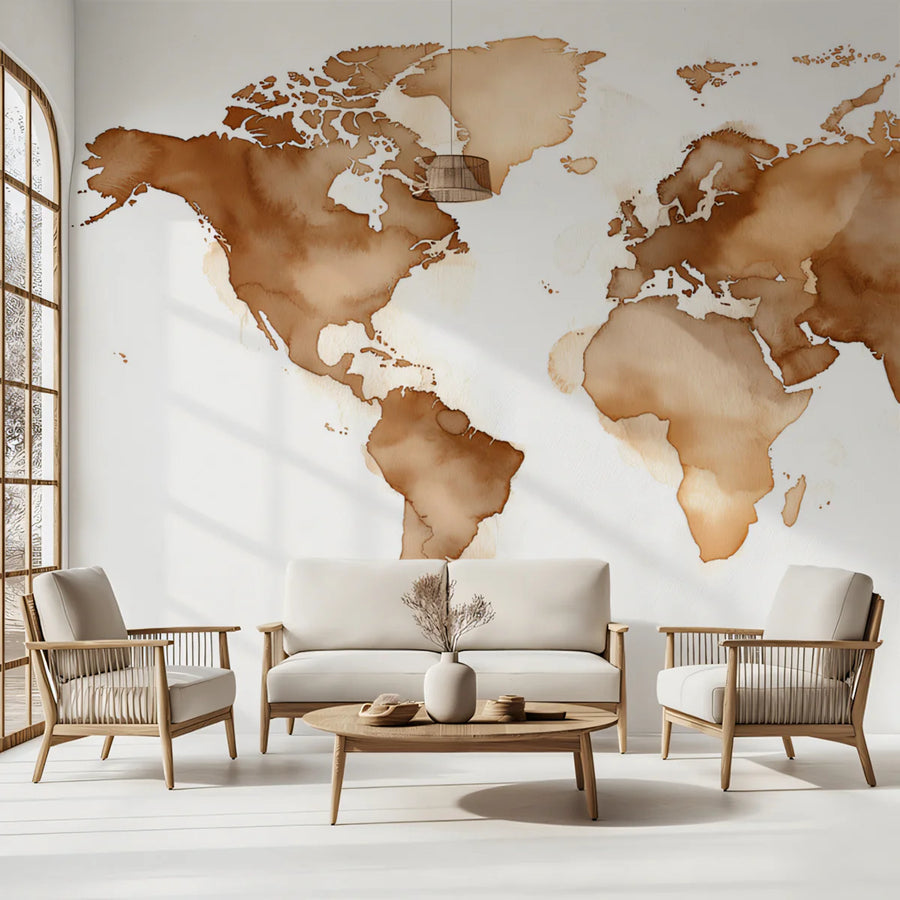 Watercolor World Map Mural Wallpaper in Sepia Tones Mural Wallpaper