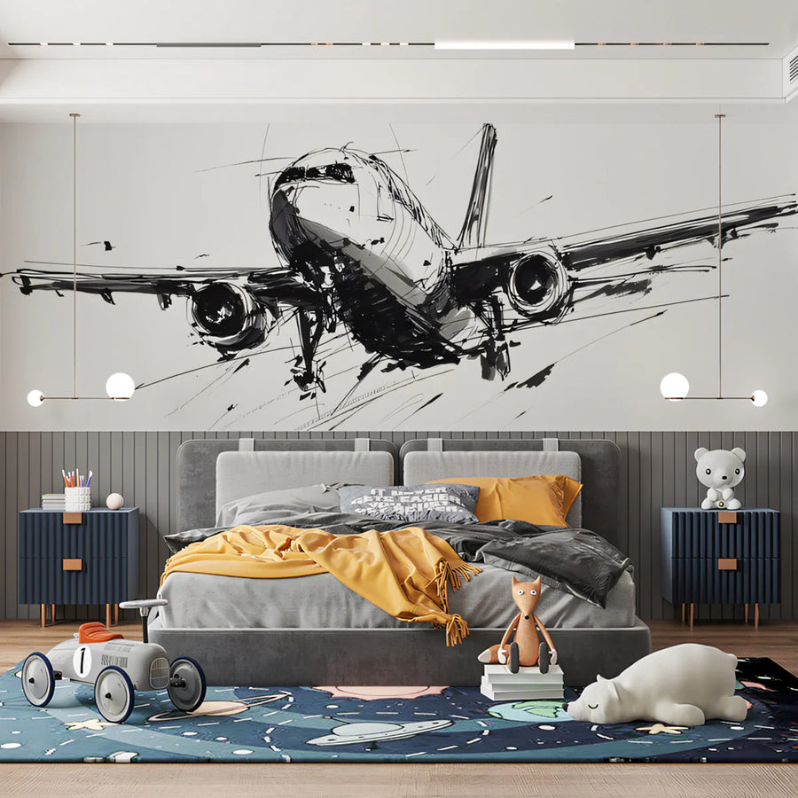 Abstract Airplane Sketch Mural Wallpaper — Modern Monochrome Art Mural Wallpaper