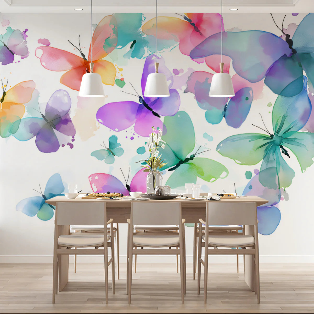 Rainbow Butterfly Swarm Mural Wallpaper — Whimsical Watercolor Art Mural Wallpaper - pure wallpaper artwork