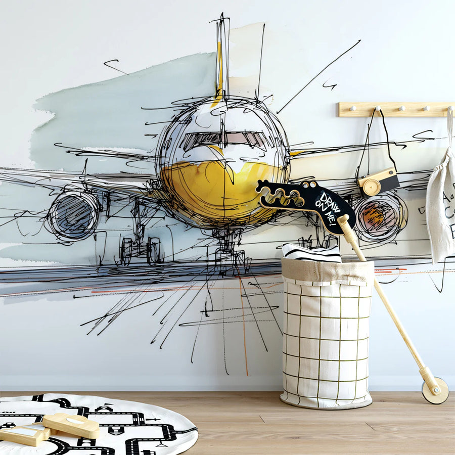 Watercolor Airplane Sketch Mural Wallpaper — Modern Aviation Art Mural Wallpaper