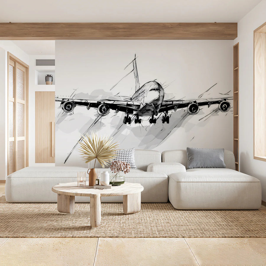 Aviation Sketch Mural Wallpaper — Bold Charcoal Jet Art Mural Wallpaper