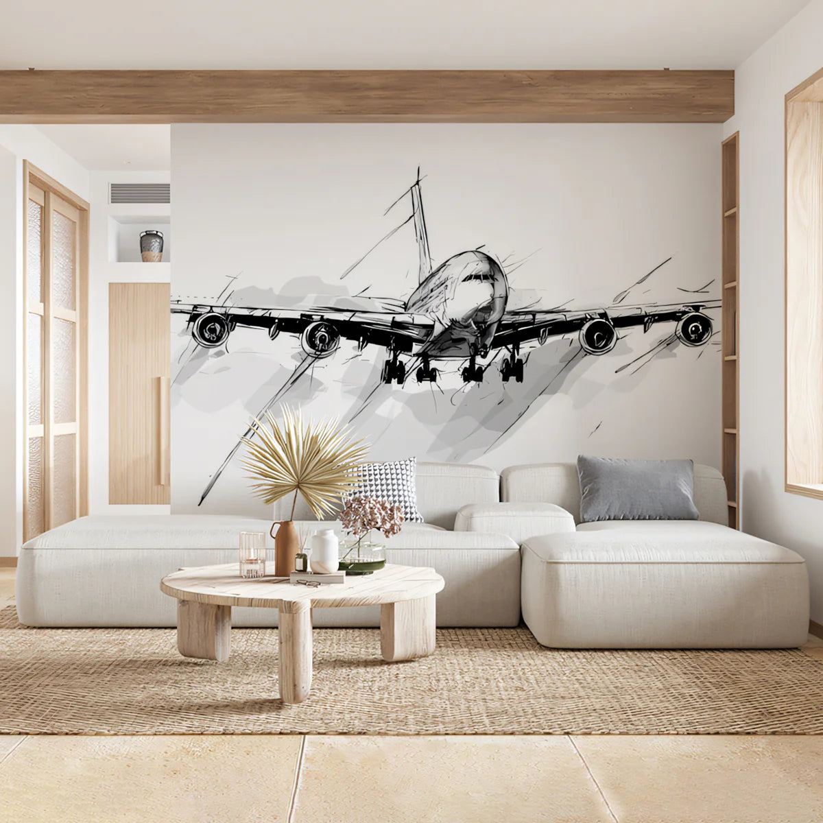Aviation Sketch Mural Wallpaper — Bold Charcoal Jet Art Mural Wallpaper - pure wallpaper artwork
