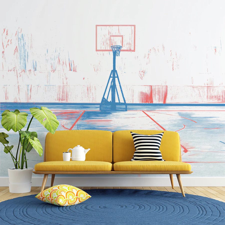 Abstract Basketball Court Mural Wallpaper in Red and Blue Mural Wallpaper