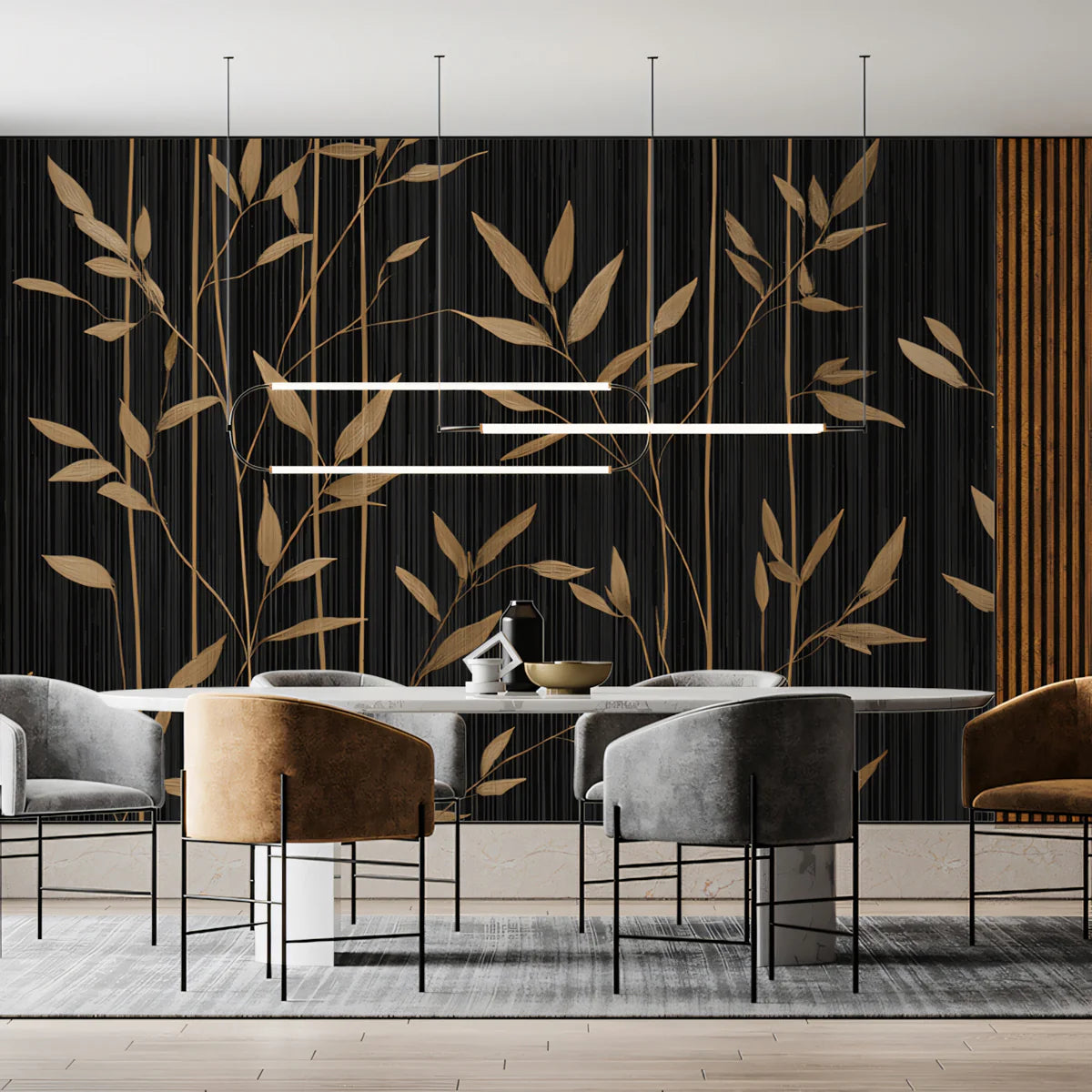 Gilded Bamboo Stalks Mural Wallpaper — Sophisticated Black & Gold Mural Wallpaper - pure wallpaper artwork