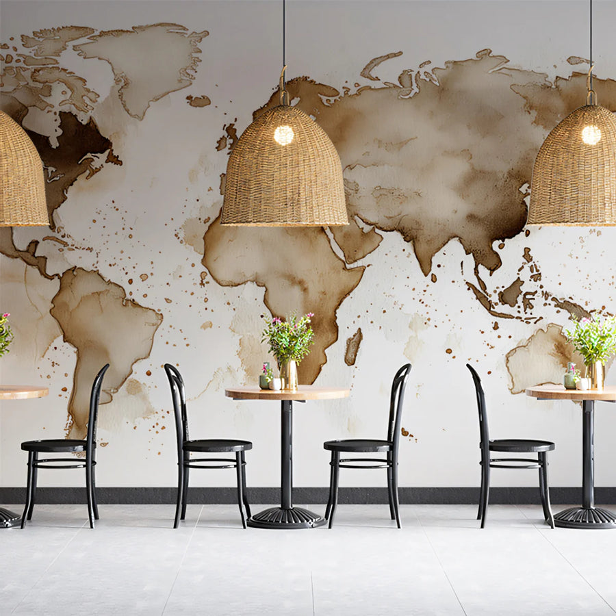 Coffee Stain World Map Mural Wallpaper — Abstract Artistic Design Mural Wallpaper