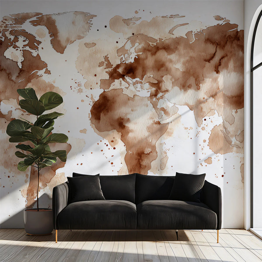 Watercolor World Map Mural Wallpaper — Rustic Coffee Wash Aesthetic Mural Wallpaper