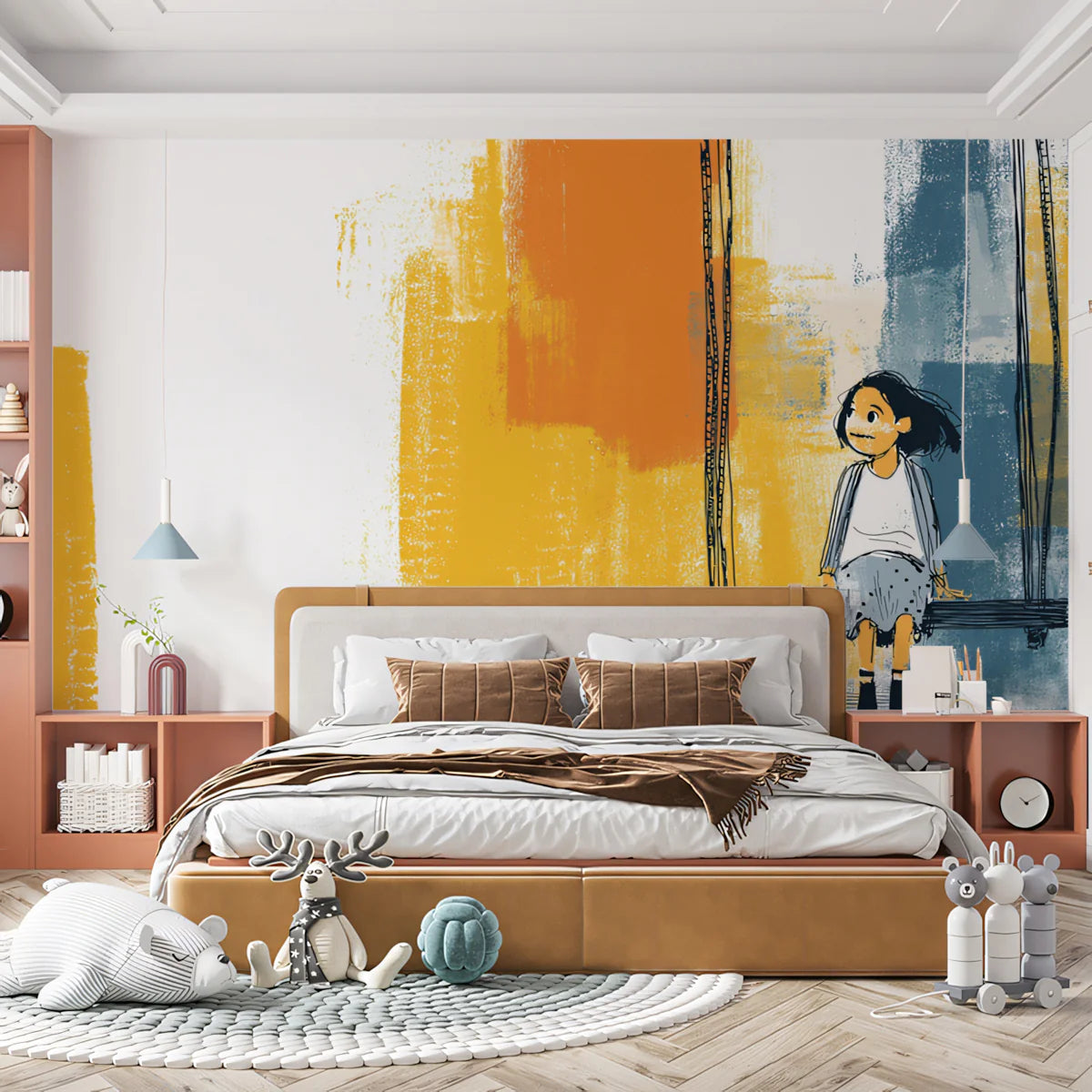 Swing Time Illustration Mural Wallpaper — Modern Artistic Scene Mural Wallpaper - pure wallpaper artwork
