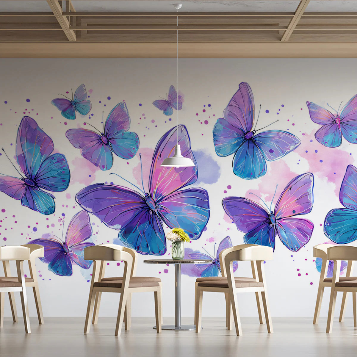 Watercolor Butterfly Swarm Mural Wallpaper — Ethereal Blue and Purple Mural Wallpaper - pure wallpaper artwork