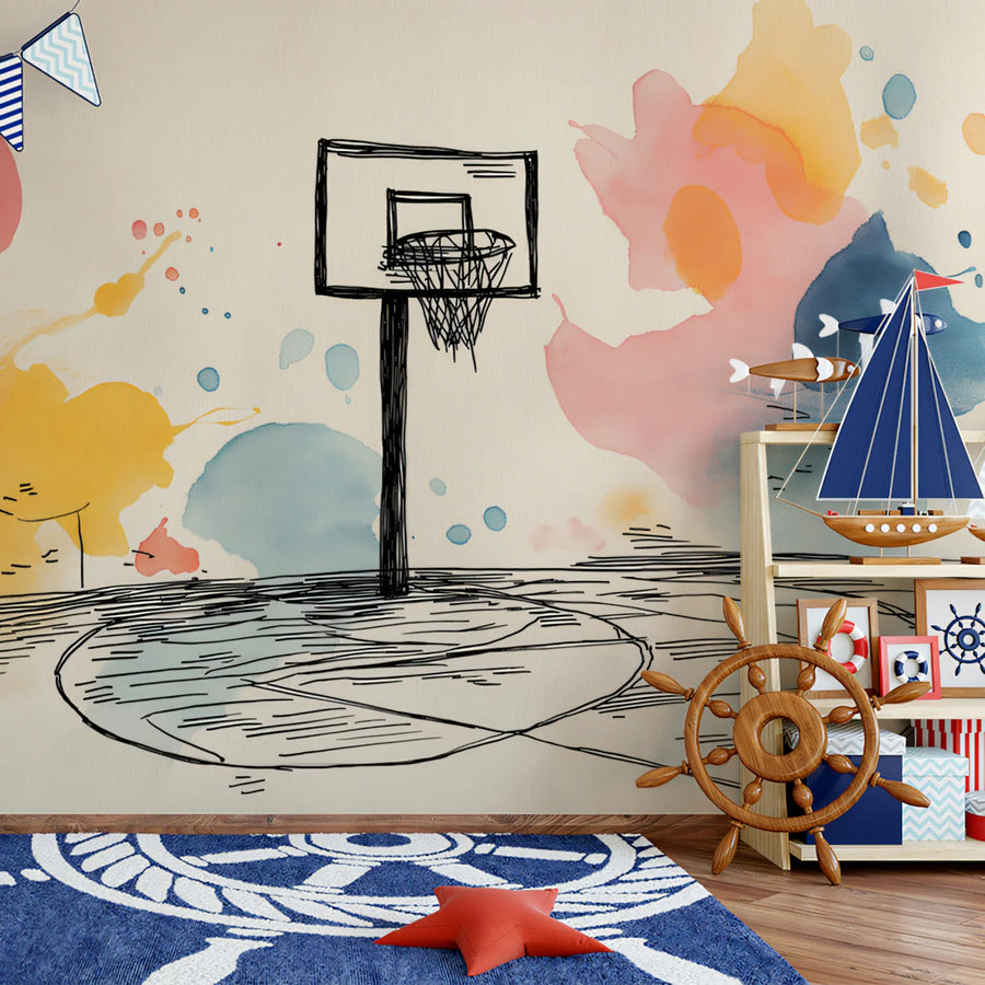 Watercolor Basketball Court Mural Wallpaper — Playful Urban Art Mural Wallpaper