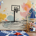 Watercolor Basketball Court Mural Wallpaper — Playful Urban Art Mural Wallpaper - pure wallpaper artwork