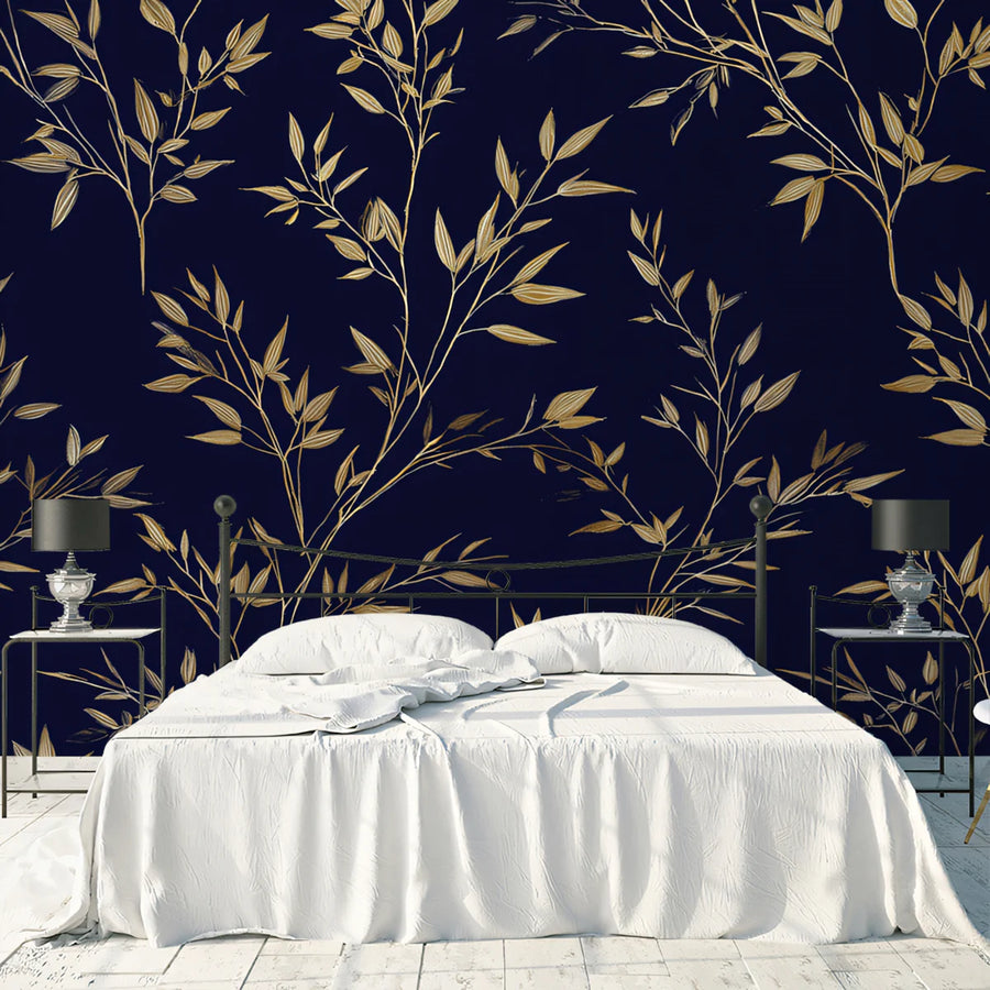 Gilded Botanical Branch Mural Wallpaper — Navy and Gold Mural Wallpaper