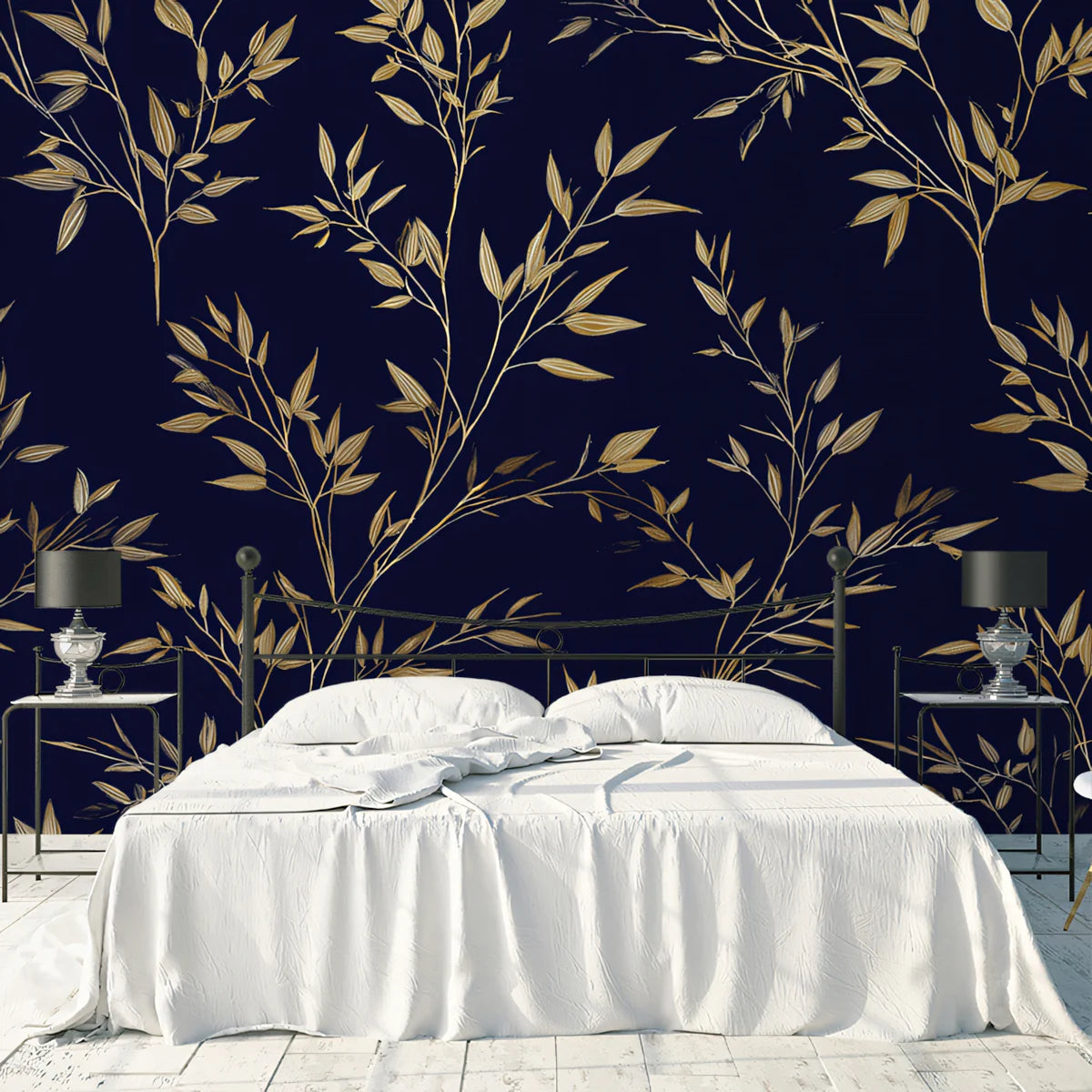 Gilded Botanical Branch Mural Wallpaper — Navy and Gold Mural Wallpaper - pure wallpaper artwork