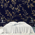 Gilded Botanical Branch Mural Wallpaper — Navy and Gold Mural Wallpaper - pure wallpaper artwork