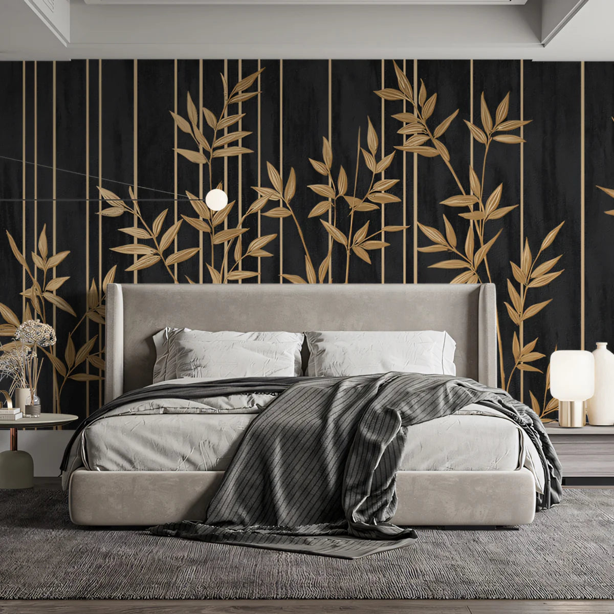 Gilded Bamboo & Vertical Stripe Mural Wallpaper — Modern Luxe Mural Wallpaper - pure wallpaper artwork