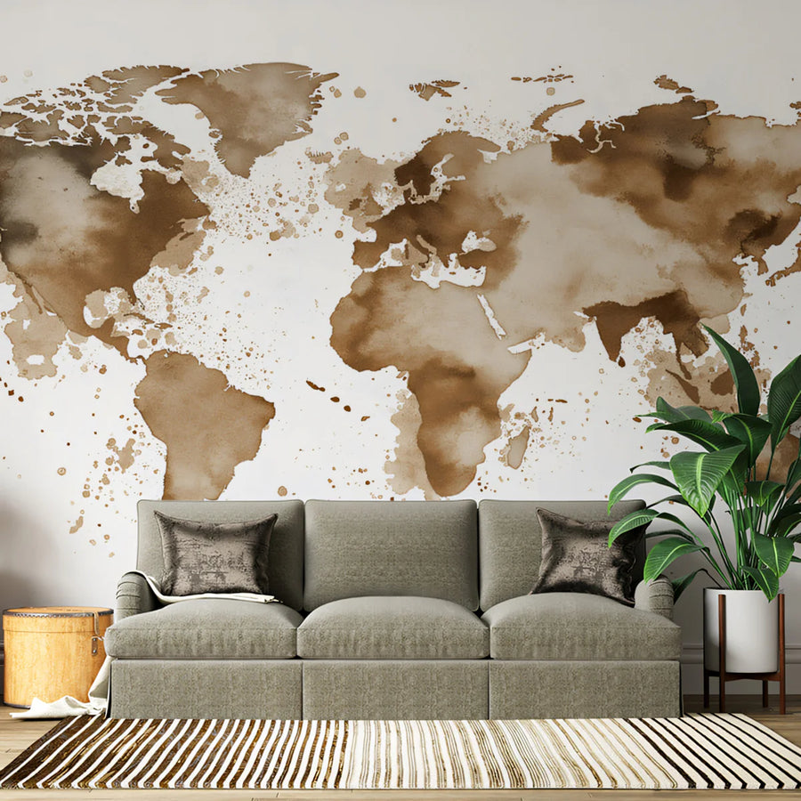 Abstract Coffee Stain World Map Mural Wallpaper — Earthy Rustic Art Mural Wallpaper
