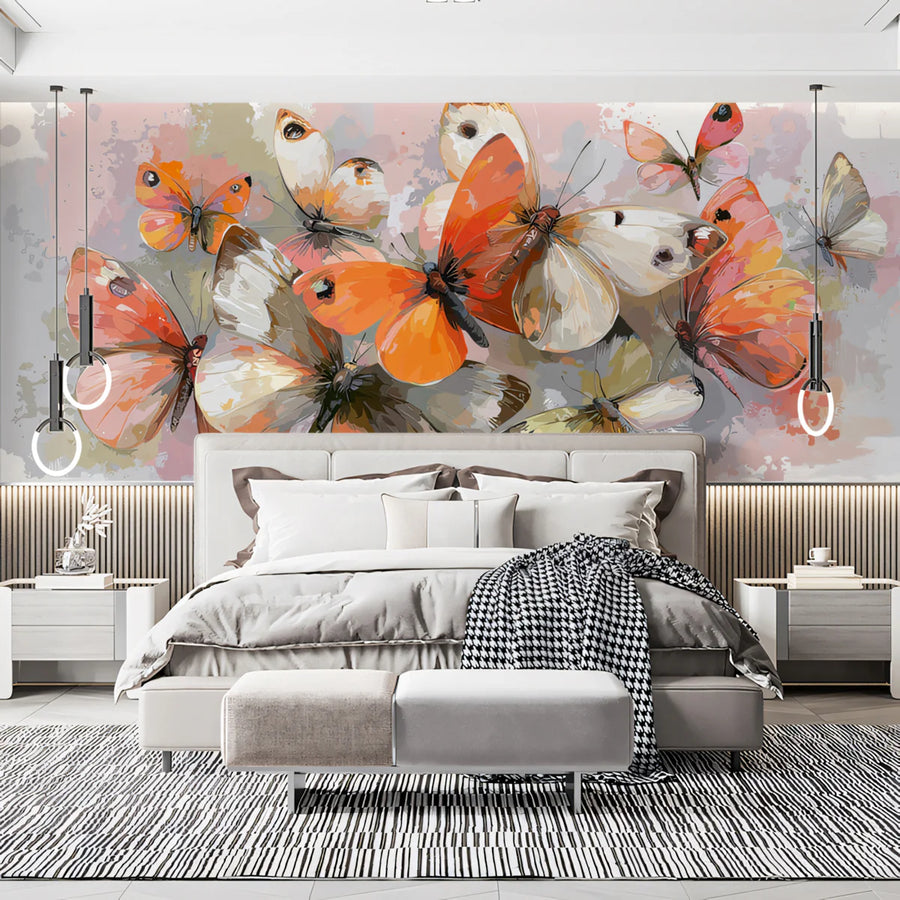 Abstract Butterfly Swarm Mural Wallpaper — Painterly Soft Tones Mural Wallpaper