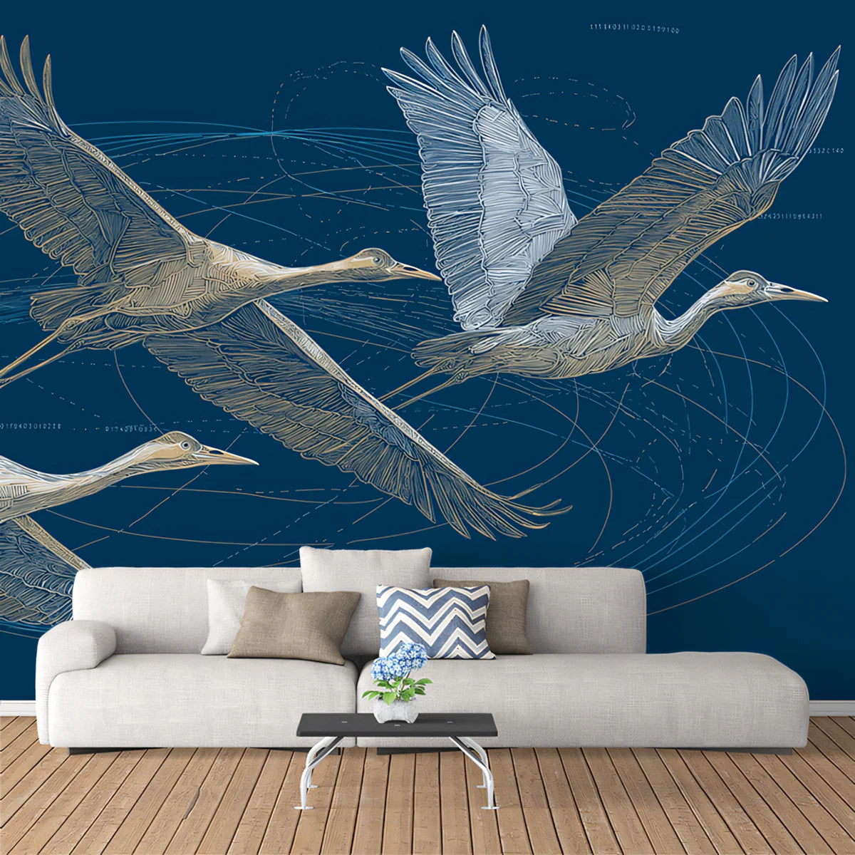 Flying Cranes Mural Wallpaper — Minimalist Line Art on Deep Navy Mural Wallpaper - pure wallpaper artwork