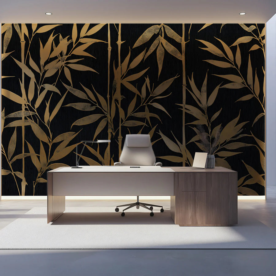 Golden Bamboo Stalks Mural Wallpaper in Midnight Black Mural Wallpaper