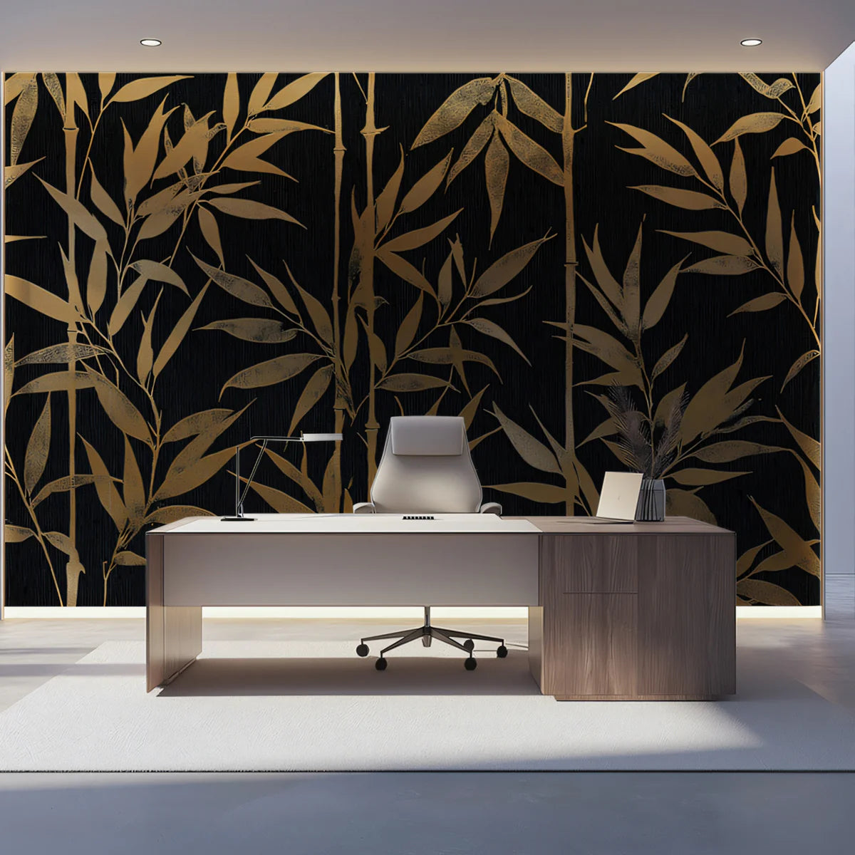 Golden Bamboo Stalks Mural Wallpaper in Midnight Black Mural Wallpaper - pure wallpaper artwork