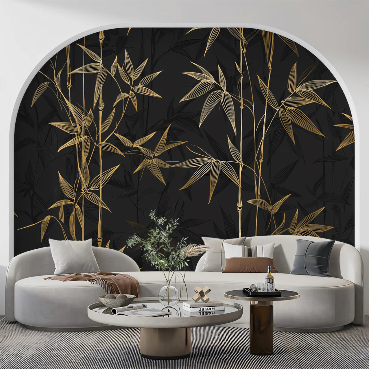 Golden Bamboo Botanical Mural Wallpaper in Charcoal Gray Mural Wallpaper - pure wallpaper artwork