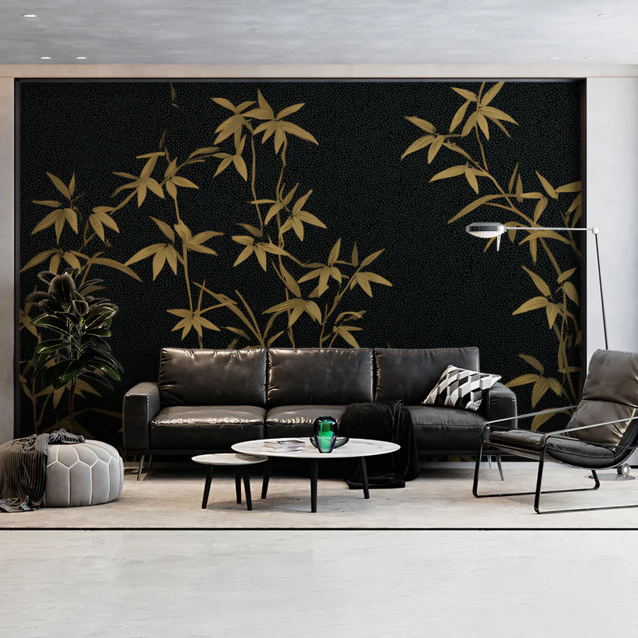 Golden Bamboo Botanical Mural Wallpaper in Charcoal Mural Wallpaper