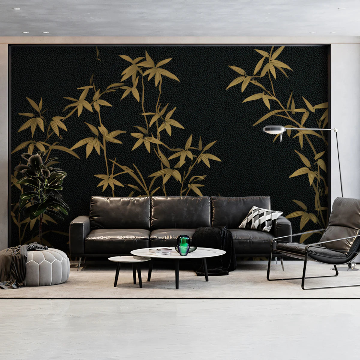 Golden Bamboo Botanical Mural Wallpaper in Charcoal Mural Wallpaper - pure wallpaper artwork