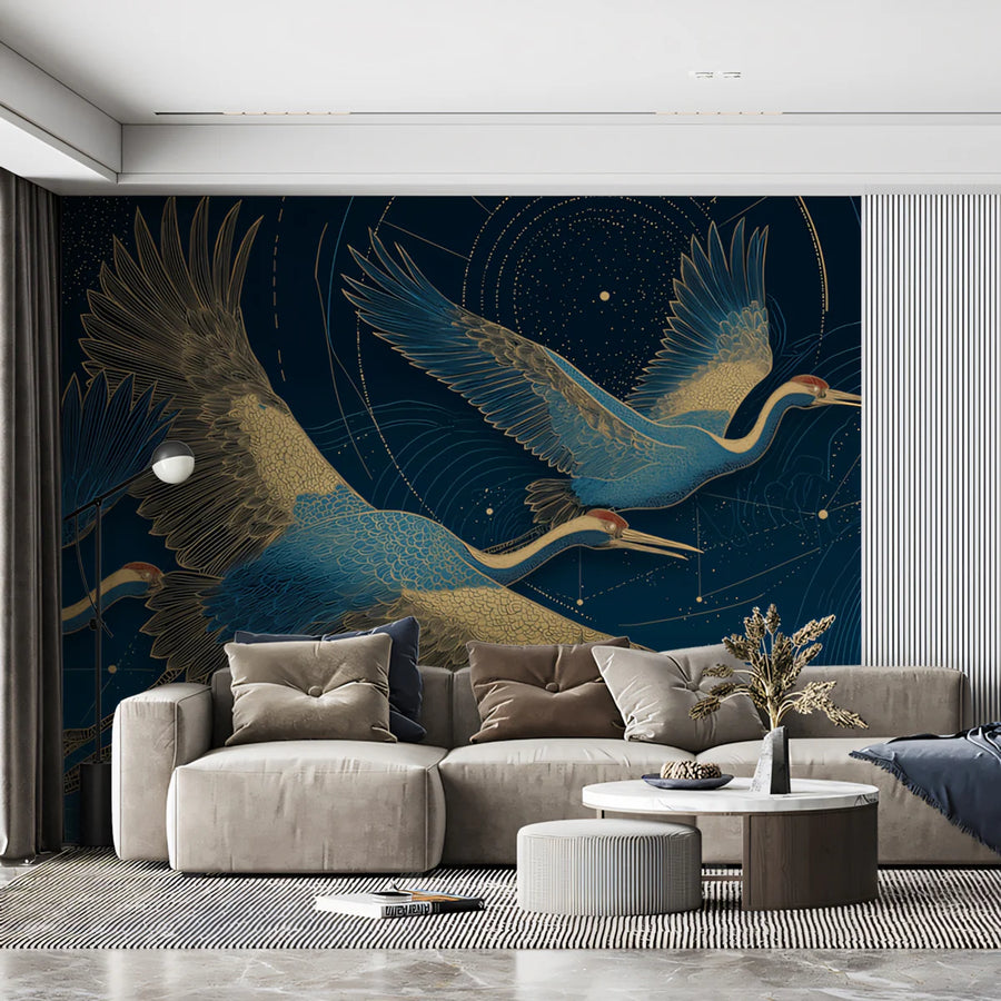 Celestial Cranes in Flight Mural Wallpaper — Midnight Blue Mural Wallpaper