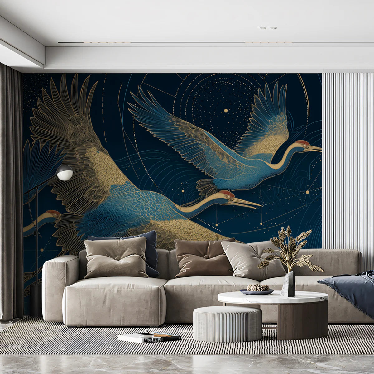Celestial Cranes in Flight Mural Wallpaper — Midnight Blue Mural Wallpaper - pure wallpaper artwork