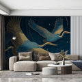 Celestial Cranes in Flight Mural Wallpaper — Midnight Blue Mural Wallpaper - pure wallpaper artwork