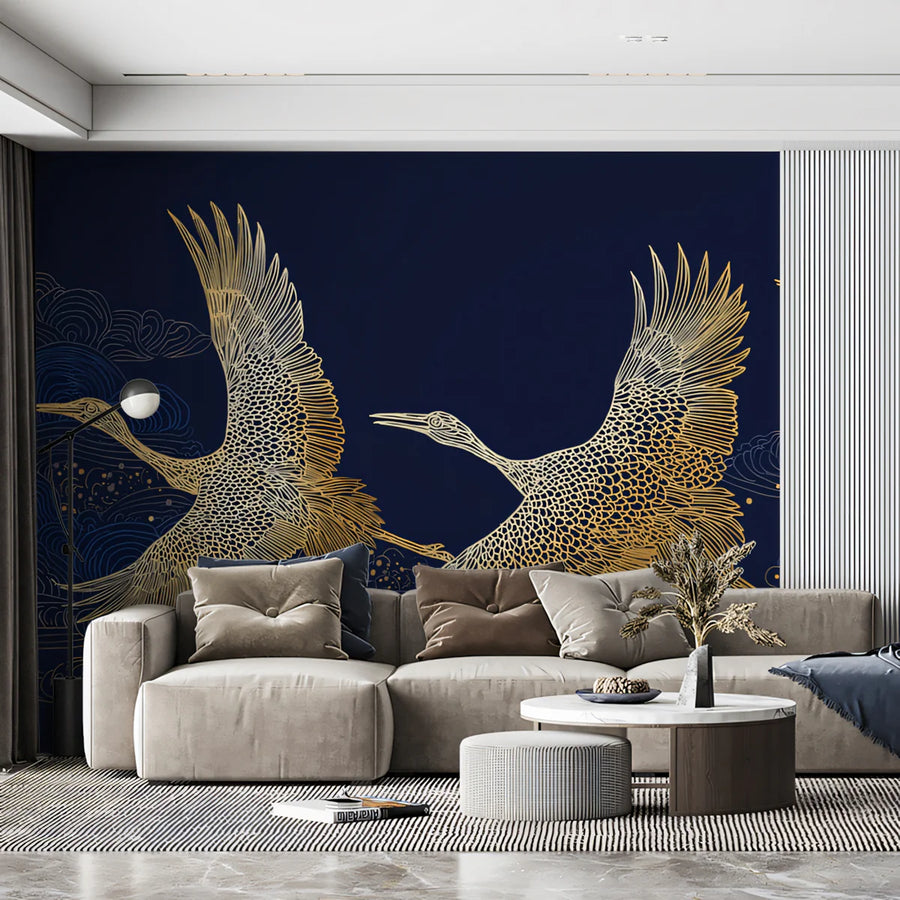 Golden Cranes and Clouds Mural Wallpaper — Traditional Asian Art Mural Wallpaper