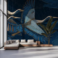 Flying Cranes Mural Wallpaper — Midnight Blue and Gold Mural Wallpaper - pure wallpaper artwork