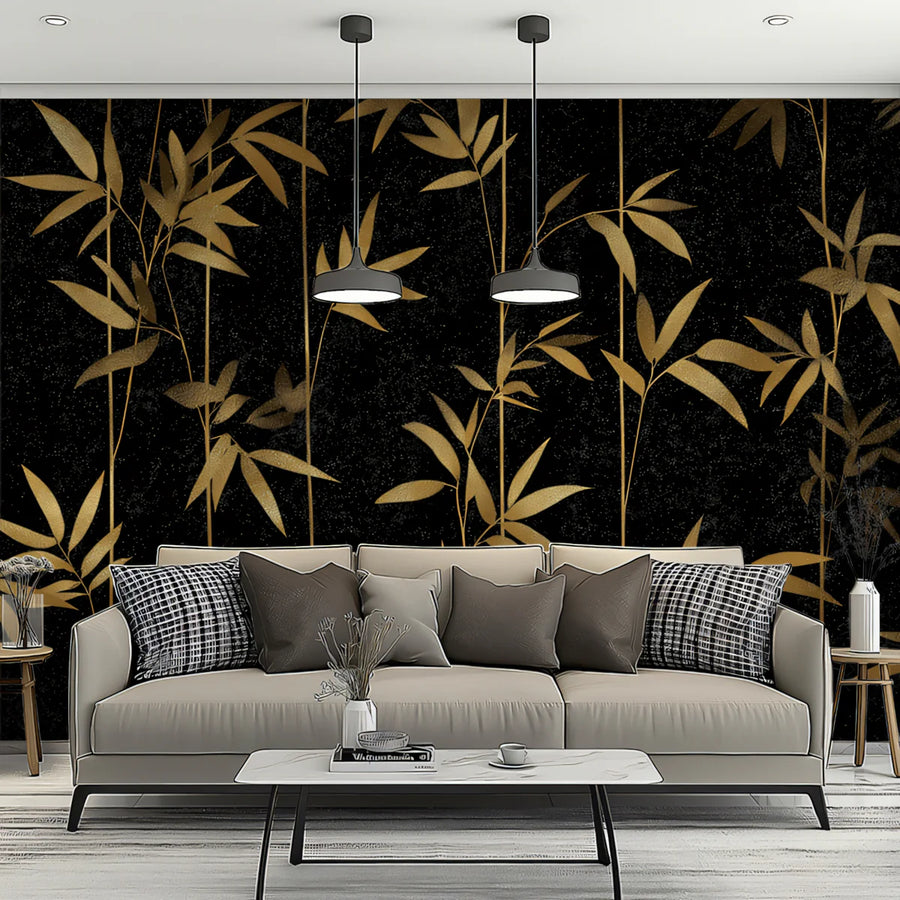 Gilded Bamboo Stalks Mural Wallpaper — Dramatic Botanical Pattern Mural Wallpaper