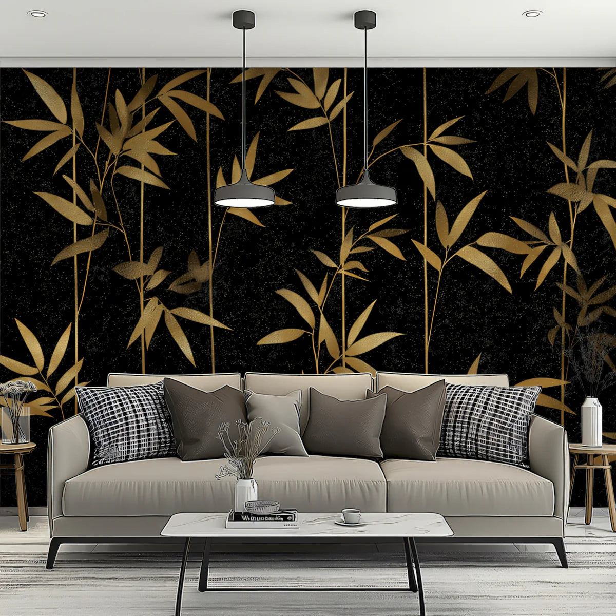 Gilded Bamboo Stalks Mural Wallpaper — Dramatic Botanical Pattern Mural Wallpaper - pure wallpaper artwork