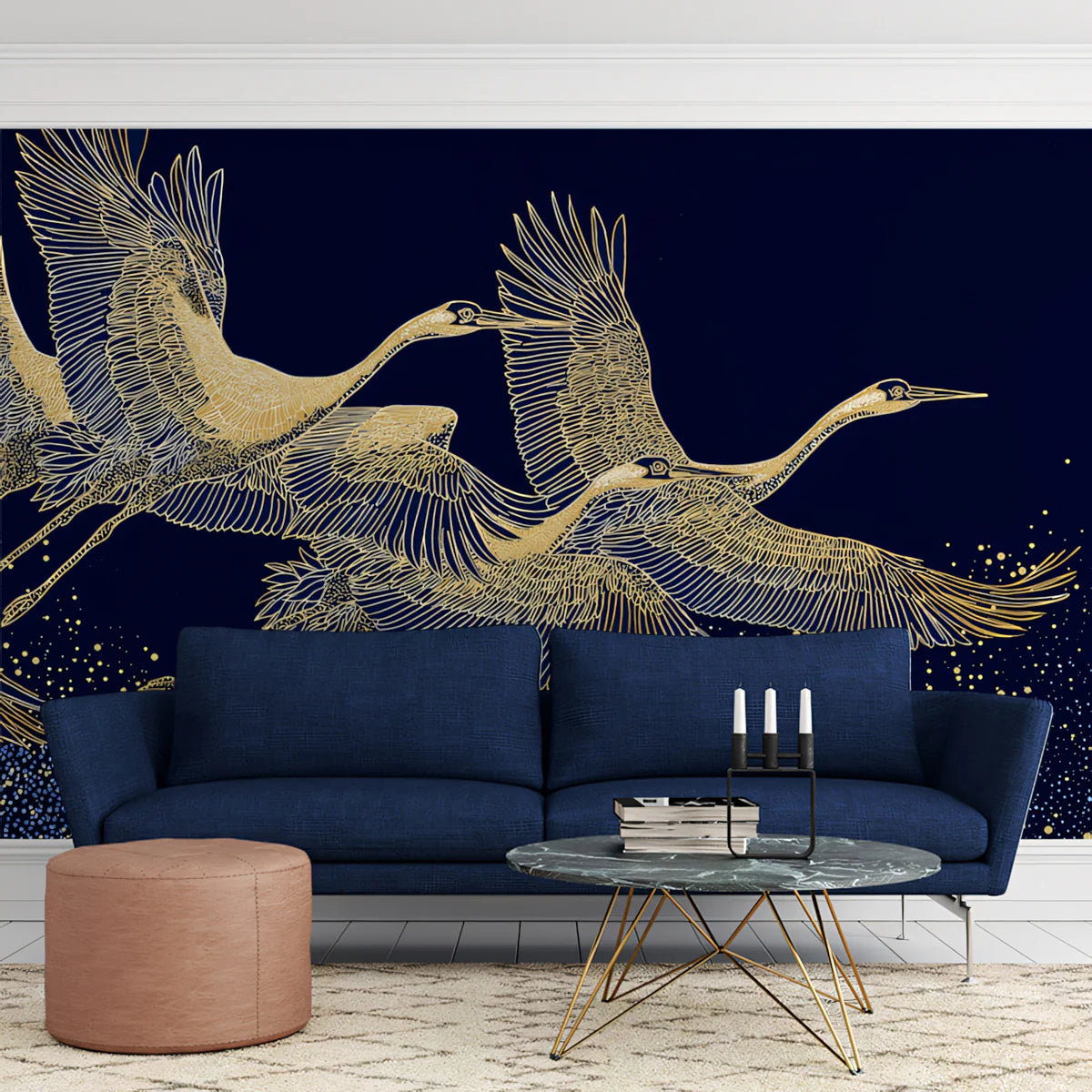 Golden Cranes Mural Wallpaper — Midnight Blue Celestial Design Mural Wallpaper - pure wallpaper artwork