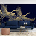 Golden Cranes Mural Wallpaper — Midnight Blue Celestial Design Mural Wallpaper - pure wallpaper artwork