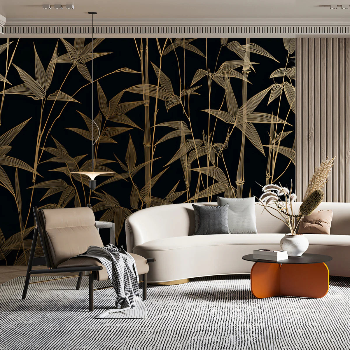 Golden Bamboo Line Art Mural Wallpaper — Sophisticated Dark Decor Mural Wallpaper - pure wallpaper artwork