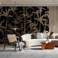 Golden Bamboo Line Art Mural Wallpaper — Sophisticated Dark Decor Mural Wallpaper - pure wallpaper artwork