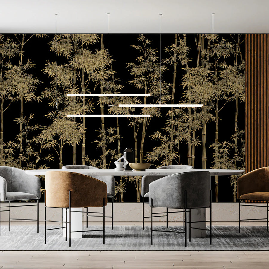 Golden Bamboo Forest Mural Wallpaper — Botanical Dark Academia Mural Wallpaper