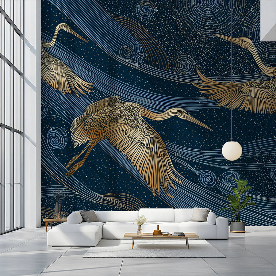 Golden Cranes & Celestial Swirls Mural Wallpaper — Art Deco Style Mural Wallpaper