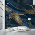 Golden Cranes & Celestial Swirls Mural Wallpaper — Art Deco Style Mural Wallpaper - pure wallpaper artwork